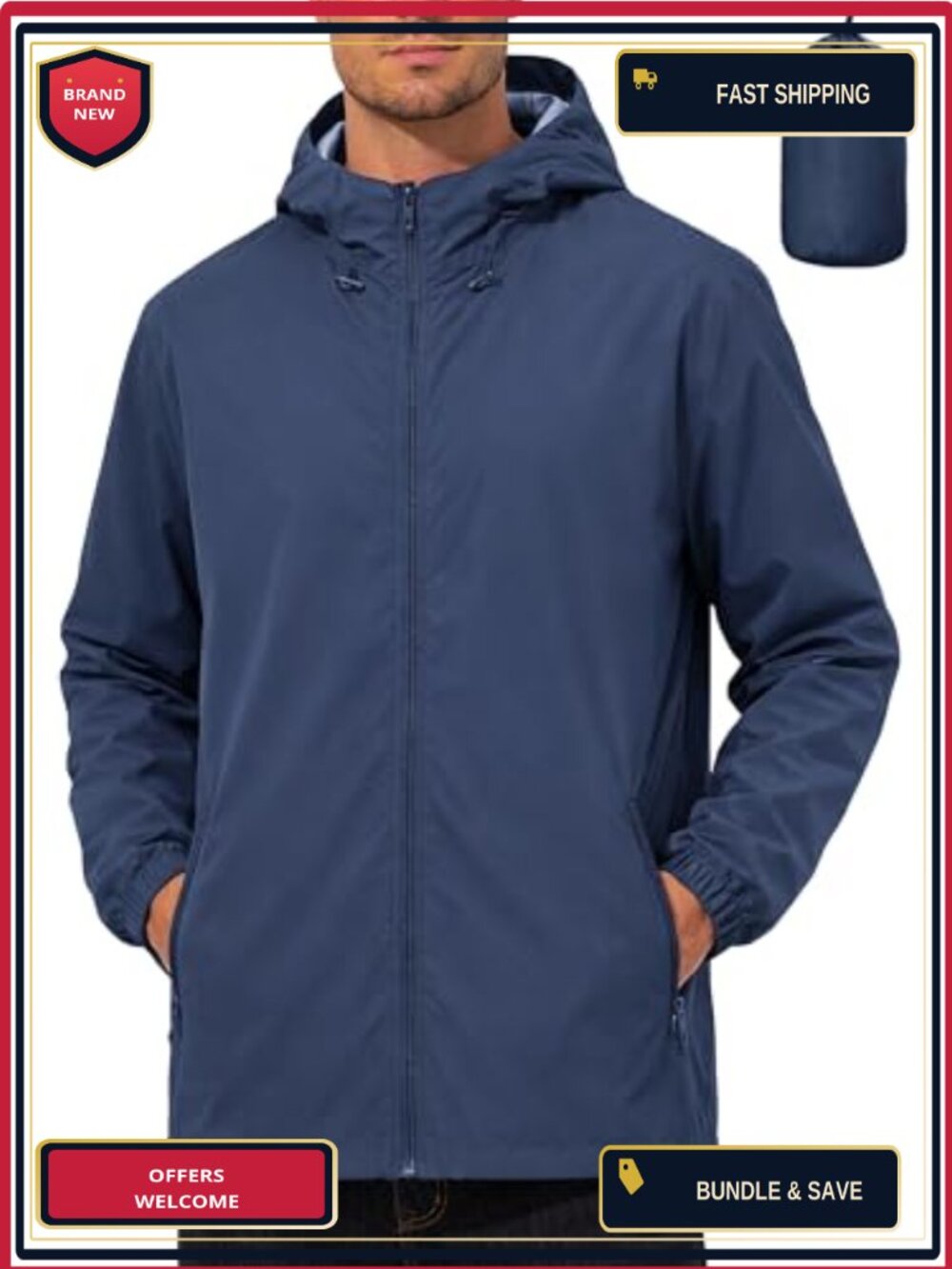 Men's Waterproof Rain Jacket Ultra-Lightweight Packable Windbreaker